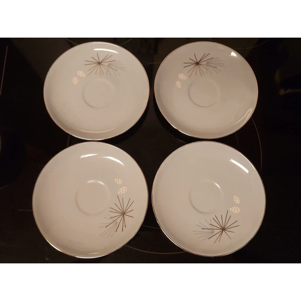 Set Of 4 Vintage MCM Franciscan Silver Pine Tea Cup & Saucer Sets Very Nice